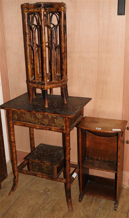 Two bamboo and rattan tables and an oak bookshelf, W.52.5cm